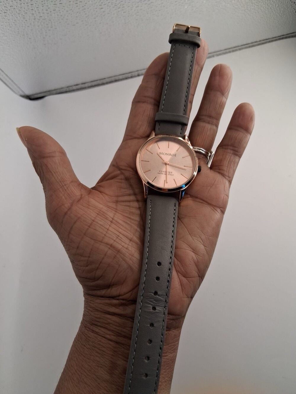 Monroe Classique Rose Gold Tone Minimalist Watch Grey Stitched Leather Strap